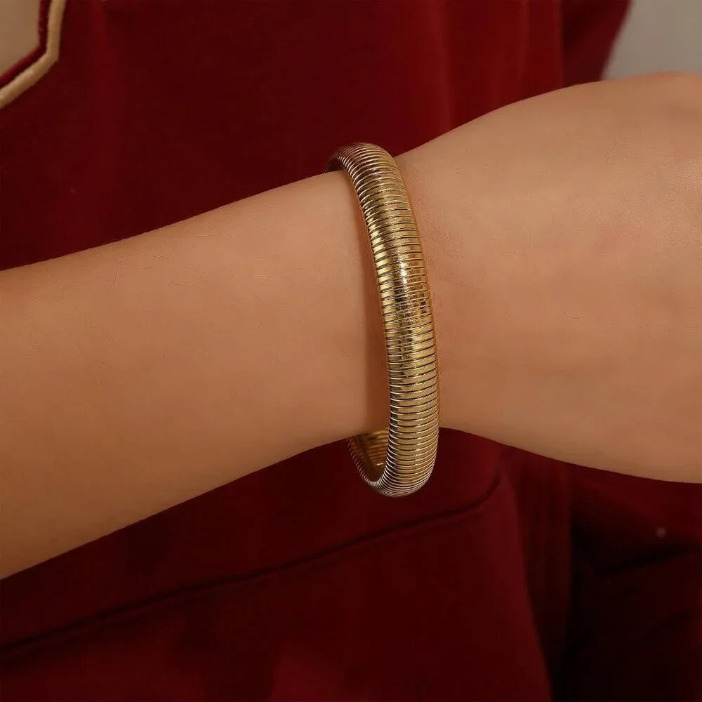 14K Gold Plated Stainless Steel Bangle Bracelets for Women Elegant Chunky